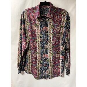 Lizwear Womens Floral Stripe Button Down Shirt Long Sleeve Multi‎ Color Vintage